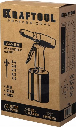 AR-64 заклепочник пневматический для заклёпок из алюминия, стали, нерж. стали, d=2,4 / 3,2 / 4,0 / 4,8 / 6,4 мм, KRAFTOOL 31185_z02