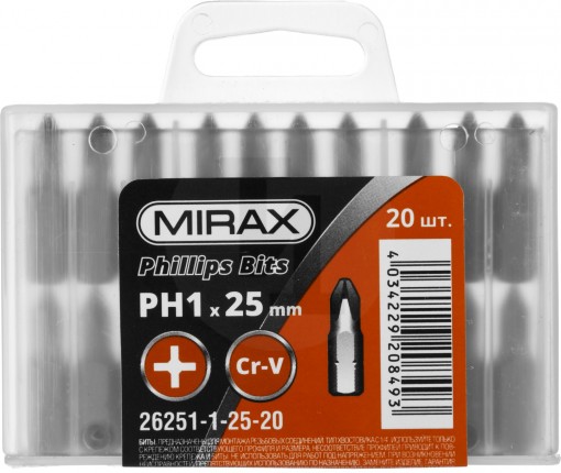 Биты MIRAX PH№1, тип хвостовика C 1/4", длина 25мм, 20шт 26251-1-25-20