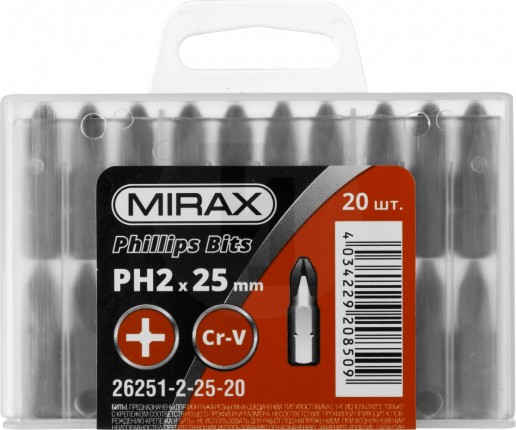 Биты MIRAX PH№2, тип хвостовика C 1/4", длина 25мм, 20шт 26251-2-25-20