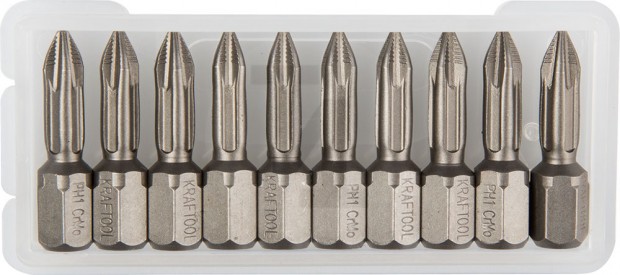 Биты "X-DRIVE" торсионные кованые, обточенные, KRAFTOOL 26121-1-25-10, Cr-Mo сталь, тип хвостовика C 1/4", PH1, 25мм, 10шт 26121-1-25-10