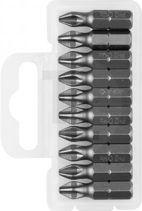 Биты ЗУБР "МАСТЕР" кованые, хромомолибденовая сталь, тип хвостовика C 1/4", PH2, 25мм, 10шт 26001-2-25-10