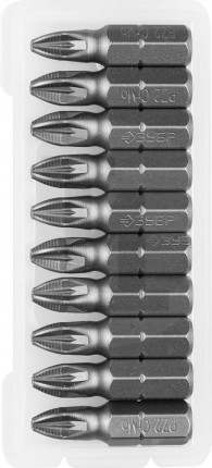 Биты ЗУБР "МАСТЕР" кованые, хромомолибденовая сталь, тип хвостовика C 1/4", PZ2, 25мм, 10шт 26003-2-25-10