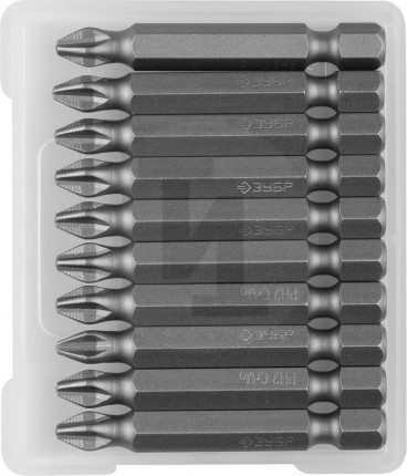 Биты ЗУБР "МАСТЕР" кованые, хромомолибденовая сталь, тип хвостовика E 1/4", PH2, 50мм, 10шт 26001-2-50-10