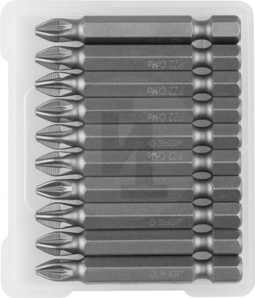 Биты ЗУБР "МАСТЕР" кованые, хромомолибденовая сталь, тип хвостовика E 1/4", PZ2, 50мм, 10шт 26003-2-50-10