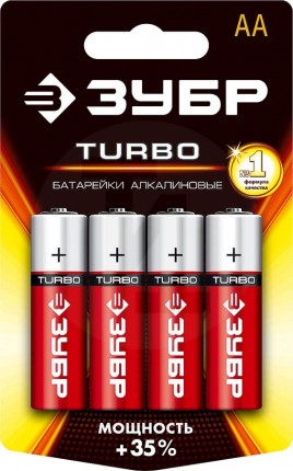 Щелочная батарейка 1.5 В, тип АА, 4 шт, ЗУБР Turbo 59213-4C_z01