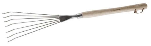 Грабельки ЗУБР "ЭКСПЕРТ" веерные из нержавеющей стали, деревянная ручка из ясеня, 7 круглых зубцов, 290х120х605мм