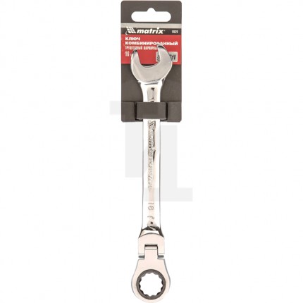 Ключ комбинированный трещоточный, 16 мм, CrV, шарнирный, зерк.хром Matrix 14829