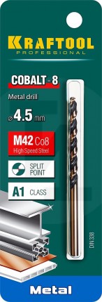 KRAFTOOL COBALT 4.5 х80мм, Сверло по металлу HSS-Co(8%) , сталь М42(S2-10-1-8) 29656-4.5
