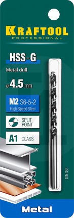 KRAFTOOL HSS-G 4.5 х80мм, Сверло по металлу HSS-G, сталь М2(S6-5-2) 29651-4.5