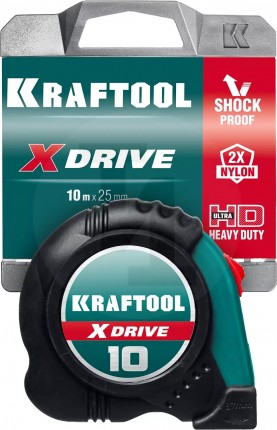 KRAFTOOL X-Drive 10м / 25мм рулетка с ударостойким обрезиненным корпусом 34122-10