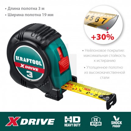 KRAFTOOL X-Drive 3м / 19мм рулетка с ударостойким обрезиненным корпусом 34122-03-19_z02