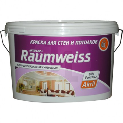 Краска супербелая для стен и потолков, моющаяся, ВД-АК-202  Raumweiss "Интерьер плюс", 14 кг, Гермес Россия 8045008