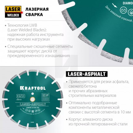 LASER-ASPHALT 350 мм, диск алмазный отрезной по асфальту, KRAFTOOL 36687-350