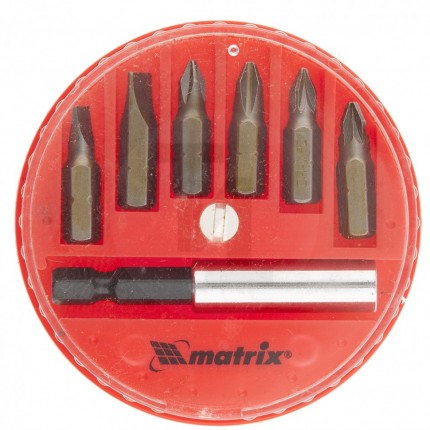Набор бит, магнитный адаптер для бит, сталь 45Х, 7 предметов, в пластиковом закрытом боксе Matrix 11392