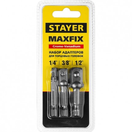 Набор STAYER MASTER "MAXFIX": Адаптеры для торцовых головок, сталь 40Cr, 3 предмета E1/4-1/4", E1/4-3/8", E1/4-1/2", 50 мм 26656-H3