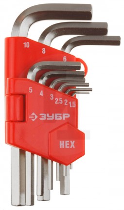 Набор ЗУБР Ключи "МАСТЕР" имбусовые короткие, Cr-V, сатинированное покрытие, пластик. держатель, HEX 1,5-10мм, 9 пред 27460-1_z02