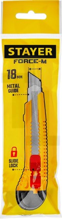 Нож упрочненный с метал. направляющей и сдвижным фиксатором FORCE-M, сегмент. лезвия 18 мм, STAYER 0913_z01