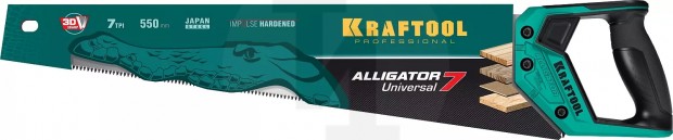 Ножовка универсальная ″Alligator Universal 7″, 550 мм, 7 TPI 3D зуб. KRAFTOOL 15004-55