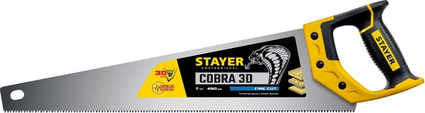 Ножовка универсальная (пила) ″Cobra 3D″ 450мм, 7TPI, 3D зуб, точн.рез вдоль и поперек волокон, для средних заготовок из всех видов материалов, STAYER