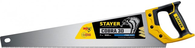 Ножовка универсальная (пила) ″Cobra 3D″ 500мм, 7TPI, 3D зуб, точн.рез вдоль и поперек волокон, для средних заготовок из всех видов материалов, STAYER