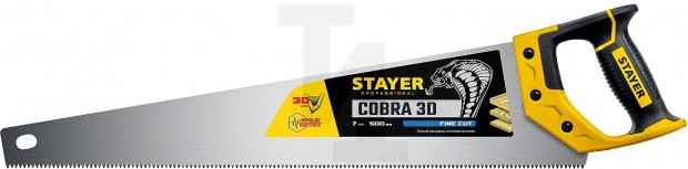 Ножовка универсальная (пила) ″Cobra 3D″ 500мм, 7TPI, 3D зуб, точн.рез вдоль и поперек волокон, для средних заготовок из всех видов материалов, STAYER 1512-50_z01