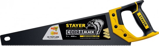 Ножовка универсальная (пила) ″Cobra BLACK″ 400 мм, 7TPI, тефлон покрытие, рез вдоль и поперек волокон, для средних заготовок, фанеры, ДСП, МДФ, STAYER