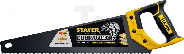 Ножовка универсальная (пила) ″Cobra BLACK″ 400 мм, 7TPI, тефлон покрытие, рез вдоль и поперек волокон, для средних заготовок, фанеры, ДСП, МДФ, STAYER 2-15081-40_z01