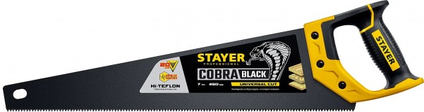 Ножовка универсальная (пила) ″Cobra BLACK″ 450 мм, 7TPI, тефлон покрытие, рез вдоль и поперек волокон, для средних заготовок, фанеры, ДСП, МДФ, STAYER