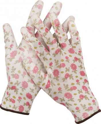 Перчатки GRINDA садовые, прозрачное PU покрытие, 13 класс вязки, бело-розовые, размер S 11291-S