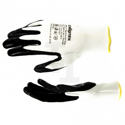 Перчатки полиэфирные с черным нитрильным покрытием маслобензостойкие, L, 15 класс вязки Сибртех 67861