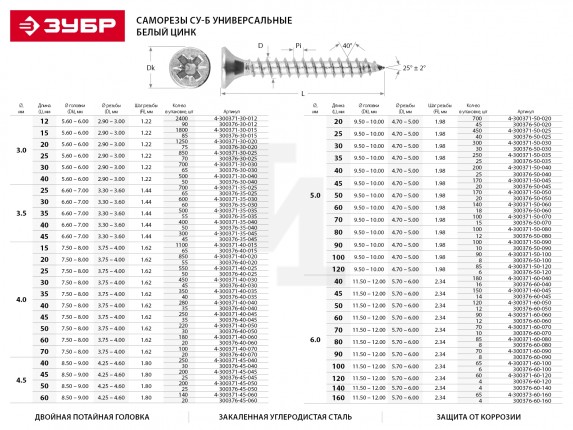 Саморезы СУ-Б универсальные, 120 х 6.0 мм, 2 шт, белый цинк, ЗУБР 4-300376-60-120