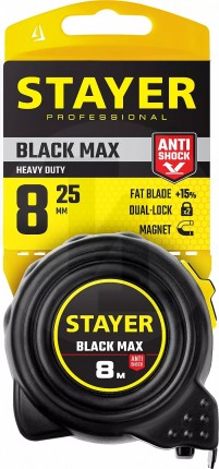 STAYER BlackMax 8м / 25мм рулетка в ударостойком полностью обрезиненном корпусе и двумя фиксаторами 3410-08_z02