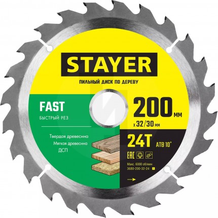 STAYER FAST 200 x 32/30мм 24Т, диск пильный по дереву, быстрый рез 3680-200-32-24_z01