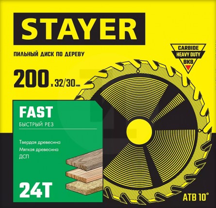 STAYER FAST 200 x 32/30мм 24Т, диск пильный по дереву, быстрый рез 3680-200-32-24_z01