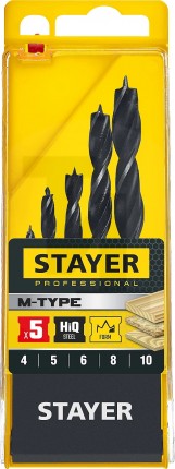 STAYER ″M-type″ 5 шт. 4-5-6-8-10мм, набор спиральных сверл по дереву 2942-H5_z02