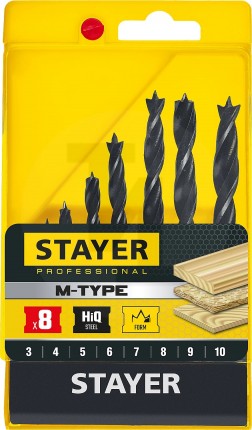 STAYER ″M-type″ 8 шт., 3-4-5-6-7-8-9-10, набор спиральных сверл по дереву 2942-H8_z02