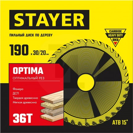 STAYER OPTIMA 190 x 30/20мм 36Т, диск пильный по дереву, оптимальный рез 3681-190-30-36_z01