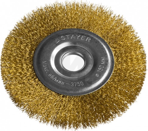 STAYER "PROFESSIONAL". Щетка дисковая для УШМ, витая стальная латунированная проволока 0,3мм, 150ммх22мм 35122-150
