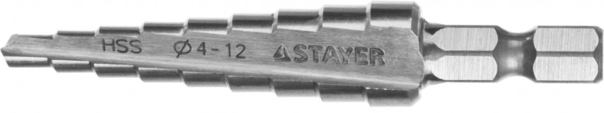 Сверло STAYER "MASTER" ступенчатое по сталям и цвет.мет., сталь HSS, d=4-12мм, 9ступ.d 4-12, L- 65 мм,шестигран. хвост.1/4"