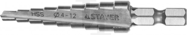 Сверло STAYER &laquo;MASTER&raquo; ступенчатое по&nbsp;сталям и&nbsp;цвет.мет., сталь HSS, d=4-12мм, 9ступ.d 4-12, L- 65&nbsp;мм,шестигран. хвост.1/4&Prime; 29660-4-12-9