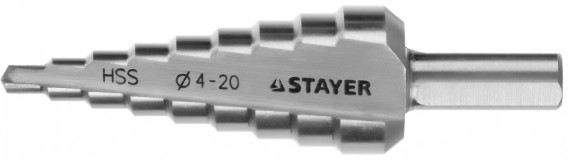 Сверло STAYER "MASTER" ступенчатое по сталям и цвет.мет., сталь HSS, d=4-20мм, 9ступ.d 4-20, L-75 мм,трехгран. хвост. 8мм