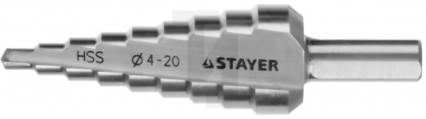 Сверло STAYER "MASTER" ступенчатое по сталям и цвет.мет., сталь HSS, d=4-20мм, 9ступ.d 4-20, L-75 мм,трехгран. хвост. 8мм 29660-4-20-9
