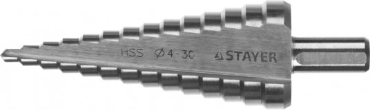 Сверло STAYER "MASTER" ступенчатое по сталям и цвет.мет., сталь HSS, d=4-30мм, 14ступ.d4-30, L-100мм, трехгран. хв.10мм