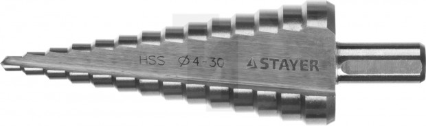 Сверло STAYER "MASTER" ступенчатое по сталям и цвет.мет., сталь HSS, d=4-30мм, 14ступ.d4-30, L-100мм, трехгран. хв.10мм 29660-4-30-14
