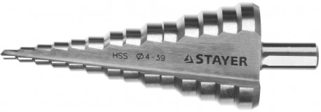 Сверло STAYER "MASTER" ступенчатое по сталям и цвет.мет., сталь HSS, d=4- 39мм,14ступ.d4-39,L -113 мм, трехгран.хв. 10мм