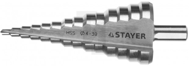 Сверло STAYER "MASTER" ступенчатое по сталям и цвет.мет., сталь HSS, d=4- 39мм,14ступ.d4-39,L -113 мм, трехгран.хв. 10мм 29660-4-39-14