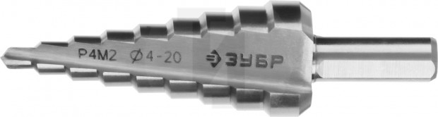 Сверло ЗУБР "МАСТЕР" ступенчатое по сталям и цвет.мет., быстрорежущая сталь, d=4-20мм, 9ступ.d=4-20, L-75 мм,трехгран. хвост. 8мм 29665-4-20-9