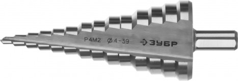 Сверло ЗУБР "МАСТЕР" ступенчатое по сталям и цвет.мет., быстрорежущая сталь, d=4-39мм,14ступ.d=4-39, L -113 мм, трехгран.хв. 10мм