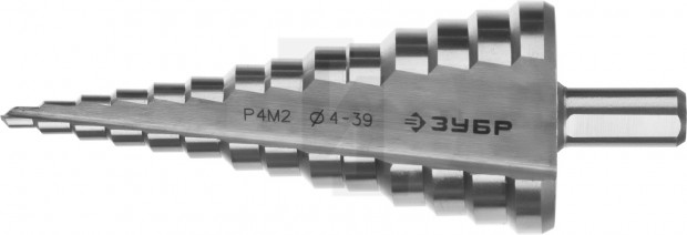 Сверло ЗУБР "МАСТЕР" ступенчатое по сталям и цвет.мет., быстрорежущая сталь, d=4-39мм,14ступ.d=4-39, L -113 мм, трехгран.хв. 10мм 29665-4-39-14