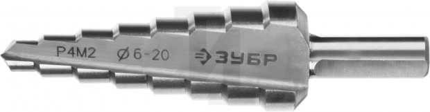 Сверло ЗУБР "МАСТЕР" ступенчатое по сталям и цвет.мет., быстрорежущая сталь, d=6-20мм,8ступ.d=6-8-10-12-14-16-18-20, L-75мм,3-х гран.хв. 8мм 29665-6-20-8